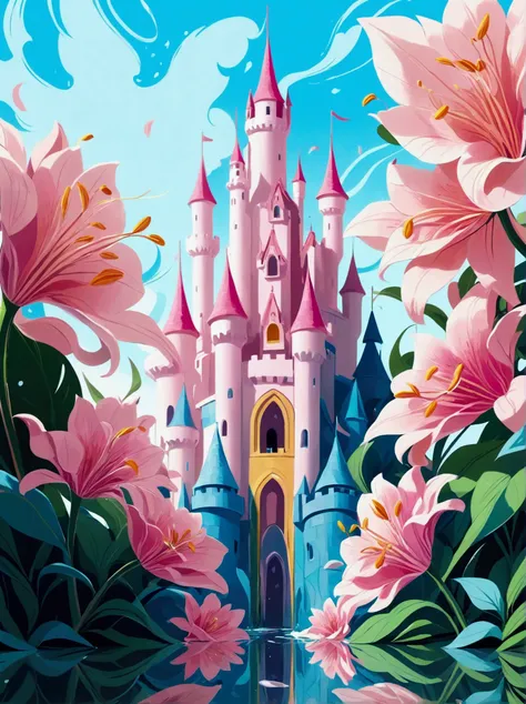 ([negative space:0.8:1.5]), (dream castle),(minimalist composition),(blue and pink dream castle),(dream castle with trees and wa...