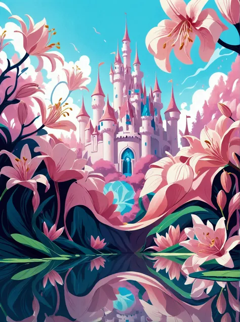 ([negative space:0.8:1.5]), (dream castle),(minimalist composition),(blue and pink dream castle),(dream castle with trees and wa...