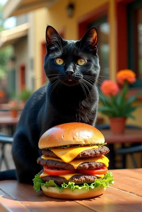 realistic black cat with hamburger