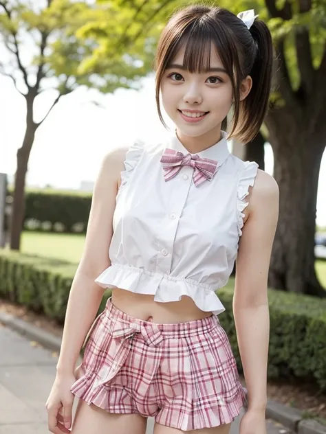 1 japanese girl standing, sleeveless white shirt, plaid bow tie, thong with plaid frill,18year old, bangs, smiles, thighs, knees...