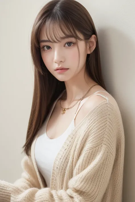 ((highest quality, 8k, masterpiece :1.3)), 1 girl, (Long Hair :1.2),Photographed in front of a white wall、Photographed in natural light、pastel cardigan :1.1, Top view、super Detailed face, Fine Eyes,(Highly realistic photos, High resolution, Detailed face, ...