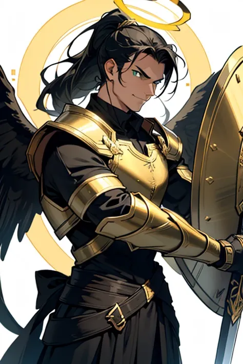 male warrior, gold plate armor, black hair, ponytail, green eyes, smug face, big angel wings, halo, sword & shield,