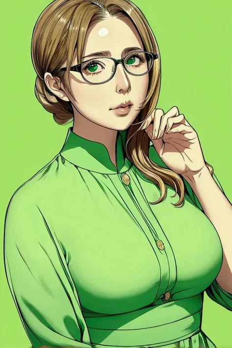 ，glasses，stand in front of you，mother，wearing a green dress