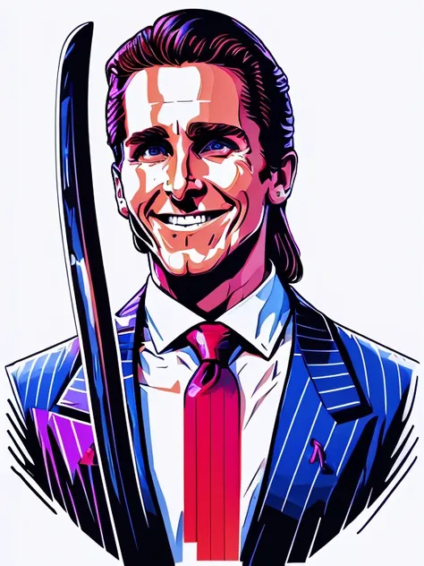 t-shirt designer, patrick bateman, in american psycho (1 9 9 9), (christian bale), expression of happiness, joy, (holding an axe...