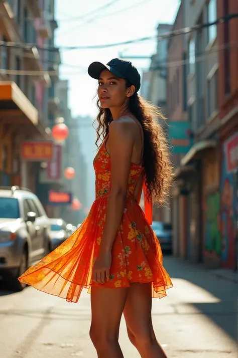 Man in a cap wearing a short dress with his back turned, looking back with long hair