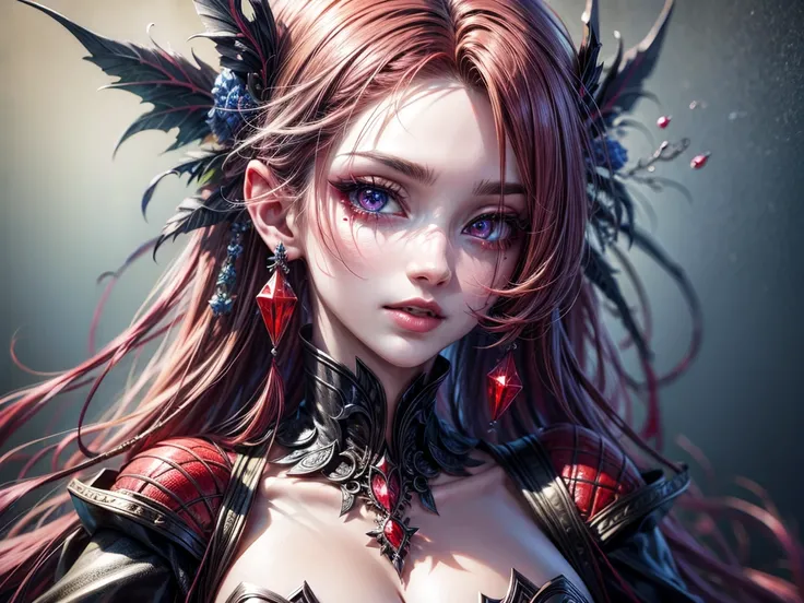 a portrait of vampire with a bloody tear coming down from he eye, an exotic beautiful female vampire, red hair color, dynamic hair style, ultra detailed face, best detailed face, silver eye color, ((1single red teardrop: 1.3)), ((tear drop made from blood)...