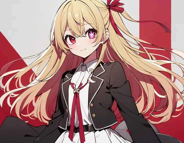 1 girl(Oshinoko, Ruby Hoshino, blonde hair, left side tail, red eyes, star shaped pupils in right eye, black blazer, white shirt, red big ribbon on chest, black, white skirt, light smile)