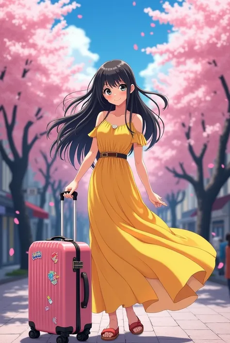 A 20-year-old Japanese girl with black eyes and long black hair wearing a long yellow dress and holding a pink travel suitcase, anime style.