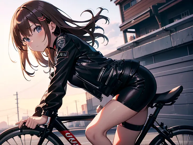 (サイクリング), (Riding a Bicycle), Black Leather Jacket, Riding a Bicycle, Misaka Mikoto, 1girl, black choker, uhd, retina, masterpiece, ccurate, anatomically correct, textured skin, super detail, high details, high quality, best quality, highres, 4K