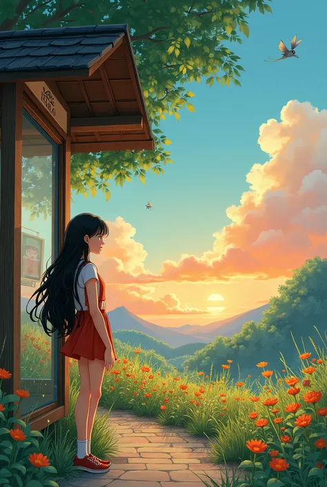 Ghibli style　bus stop　Waiting　Black Hair Beautiful Girl Beautiful Girl　