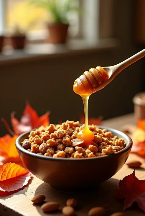 Mixed dry food andhoney almonds pouring honey from a wooden spoon