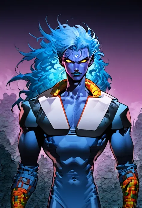 kurt wagner,a marvel comics 90’s character,femboy,skinny,long hair,androgynous,blue darker skin,mutant,yellow eyes,big jaw,great...