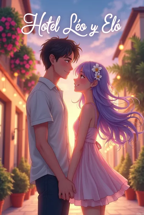 Image of an anime couple with the phrase written "Hotel Léo y Elô"