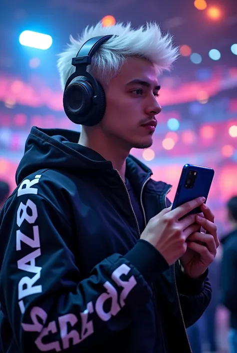 Gamer boy name RAZOR. Brand mlbb. Black jacket, white hair, age 23. samsung s23 ultra phone. RAZOR lettering on the headset arm