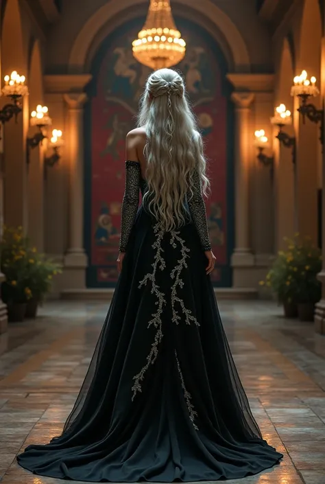 The silver-haired princess, with long braids, wore a floor-length black dress.