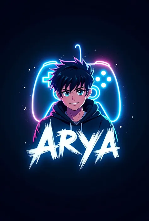 This is a gaming logo that features the name "Arya" in a futuristic font and a neon blue color. and Boy Anime avtar, The logo also has a stylized controller icon and a YouTube play button in the background. The logo is designed to be attractive and eye-cat...