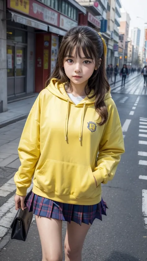 cute schoolgirl, tender age,very beautiful,Lyvlas-like,a bright yellow hoodie,thoughtfully walking down the street of a megacity