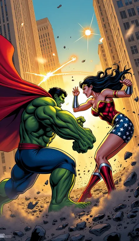 A poster featuring a battle between comic book characters., marvel e dc