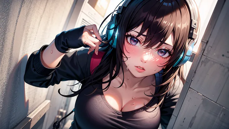 (best quality), ((masterpiece)), (highres), illustration, original, extremely detailed,1girl, headphones, sweat, medium breast, shy, detailed hand, looking at viewer, lips apart, dynamic shadows