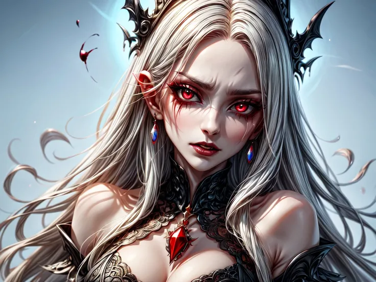 a portrait of vampire with a bloody tear coming down from he eye, an exotic beautiful female vampire, red hair color, dynamic hair style, ultra detailed face, best detailed face, silver eye color, ((1single red teardrop: 1.3)), ((tear drop made from blood)...