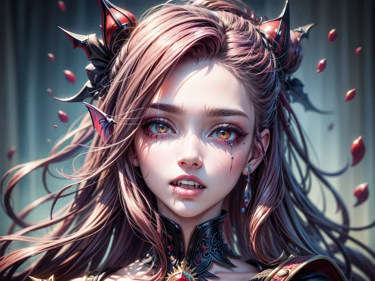 a portrait of vampire with a bloody tear coming down from he eye, an exotic beautiful female vampire, red hair color, dynamic hair style, ultra detailed face, best detailed face, silver eye color, glowing eyes ((1single red teardrop: 1.3)), ((tear drop mad...