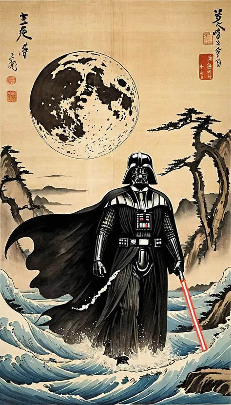 masterpiece,Drawing Darth Vader and the Death Star,Japanese paintings drawn with ink and water,(Beautiful gradation created by layering),(Tarashikomi technique),(dynamic)、Ink Painting、Ukiyo-e、Chinese character、Faded