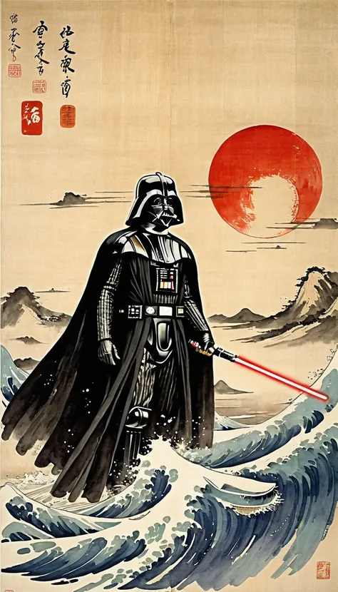 masterpiece,Drawing Darth Vader and the Death Star,Japanese paintings drawn with ink and water,(Beautiful gradation created by layering),(Tarashikomi technique),(dynamic)、Ink Painting、Ukiyo-e、Chinese character、Faded