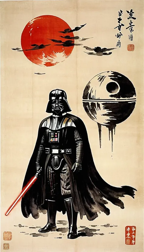 masterpiece,Drawing Darth Vader and the Death Star,Japanese paintings drawn with ink and water,(Beautiful gradation created by layering),(Tarashikomi technique),(dynamic)、Ink Painting、Ukiyo-e、Chinese character、Faded