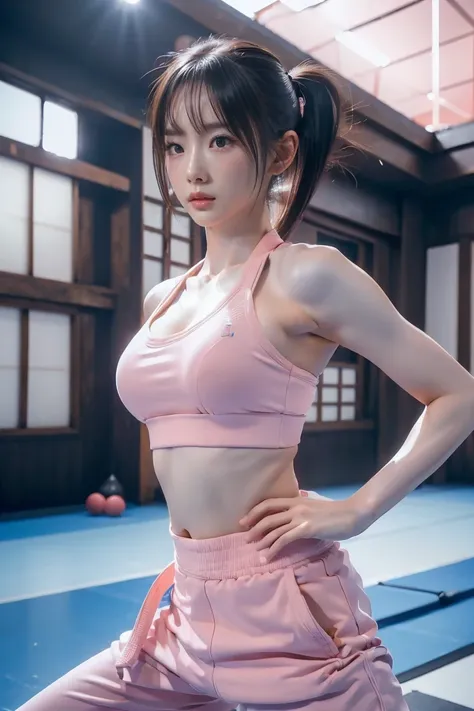 (i see a sports bra)、(((sexy pink karate uniform)))、a female karateka with bangs and twintails.、belly button and lower chest are...