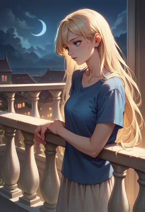 ((best quality)), ((masterpiece)), (detailed), image realistic, 1 blonde girl with long hair on a balcony, it is night, only the upper part of her body is visible, ((blue shirt)), she looks to the moon