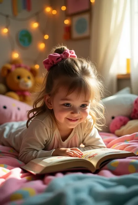 4 year old girl lying in her room holding a book 
