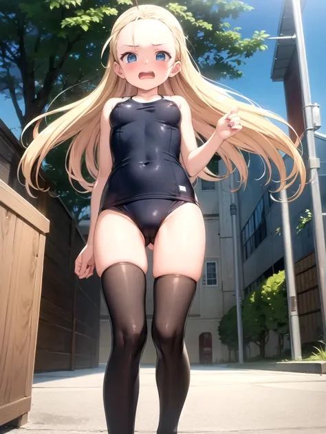 (masterpiece:1.3), best quality, beautiful detailed eyes:1.4, anime coloring, (elise, long hair, blonde hair, forehead, blue eyes, short stature:2, short stature, solo), school swimsuit, walking, spread legs, open breast clothes, torn clothes, no bra, beat...