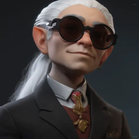 Black halfling with round glasses, with white hair tied up, with suit