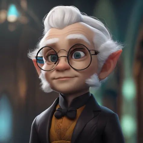 Black halfling with round glasses, with white hair tied up, with suit