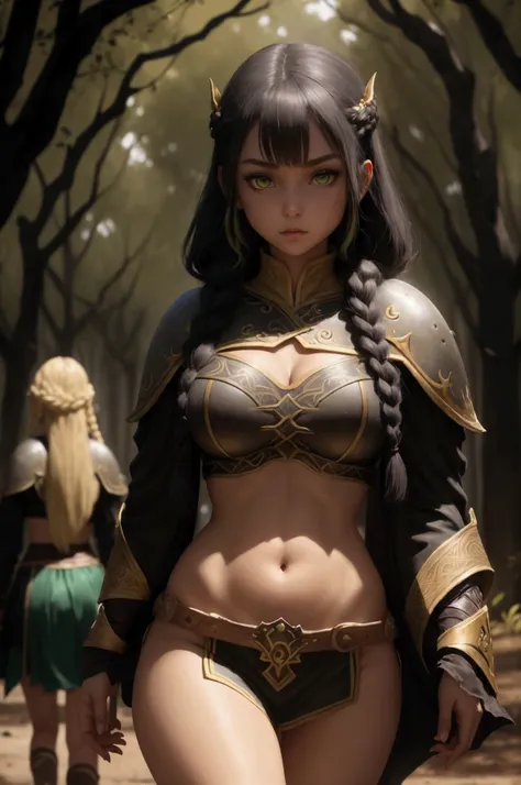 darkness. evening. luna bosque .young girls walking . warrior women shield backs. athletic slender bodies large breasts large buttocks long yellow braided hair green eyes 