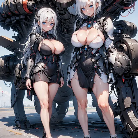 (Absurd Resolution:1.2), (ultra delicate:1.2), (masterpiece:1.2), (Photorealistic), (top-quality), (A girl and Giant Robot, next to each other in the center of the image), super fine concept art, armored core, hard surface, BREAK (cute 1girl), (finely deta...