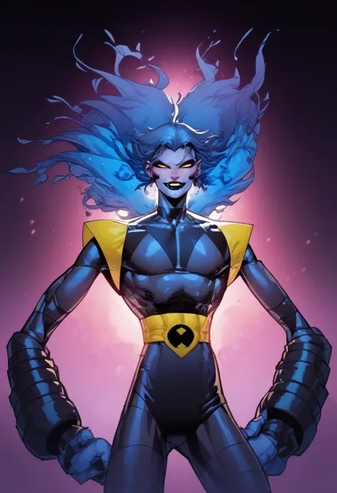 kurt wagner,a marvel comics 90’s character,femboy,skinny,long hair,androgynous,blue darker skin,mutant,yellow eyes,big jaw,great...