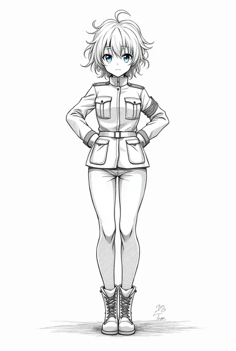 anime girl, 29 years old, wearing military uniform with pants, messy curly haircut, black hair, blue eyes, sincere face, landscape, day, office setting, good anatomy, good resolution, standing, proper face, bright, accurate, super detailed, wearing militar...