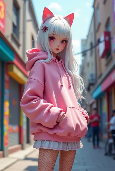 A girl with a white hair and a large chest and ass wearing an oversized pink hoodie with short skirt and a fishnet tight with a pair of cat ear and a hair clip