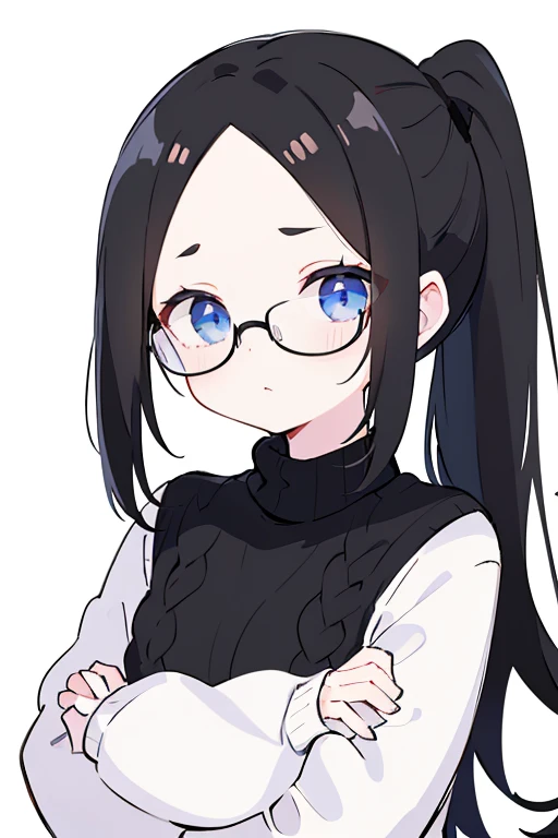 Chibi girl，chibi 1girl，solo，((white background))，((black High ponytail hair)), (((black haircolor)))，Blue eyes,(((black High necksweater)))，glasses，bangs on one side，crossed arms，(((forehead)))
