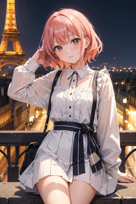 Madoka Ayukawa, Femme aux cheveux platine en chemise à col orange pose pour une séance photo en ville devant la tour Eiffel (Paris), Bokeh allemand d&#39;art 8K, corps bien proportionné, belle femme japonaise, Colliers magnifiques, belle jeune femme japona...