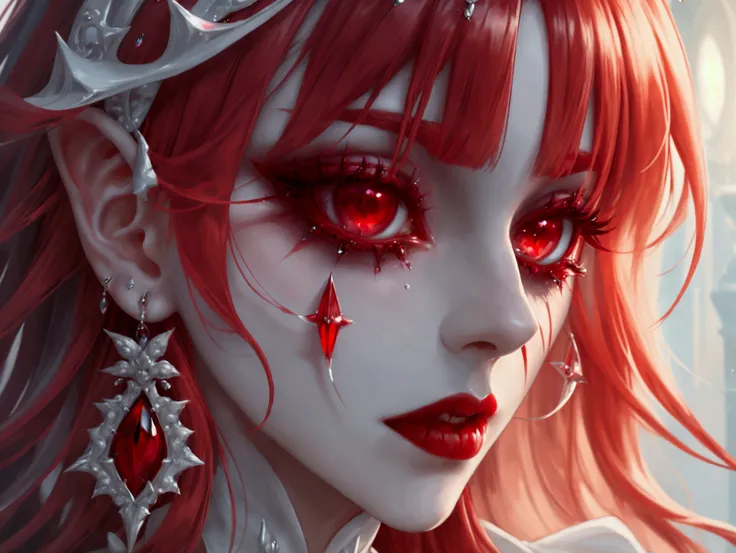 a portrait of vampire with a bloody tear coming down from he eye, an exotic beautiful female vampire, red hair color, dynamic hair style, ultra detailed face, best detailed face, silver eye color, ((1single red teardrop: 1.3)), ((tear drop made from blood)...