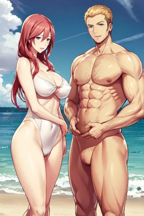 blond haired man, tan skinned man, (slim woman:1.7), naked, standing, Red hair, 2 people, smiling, at the beach