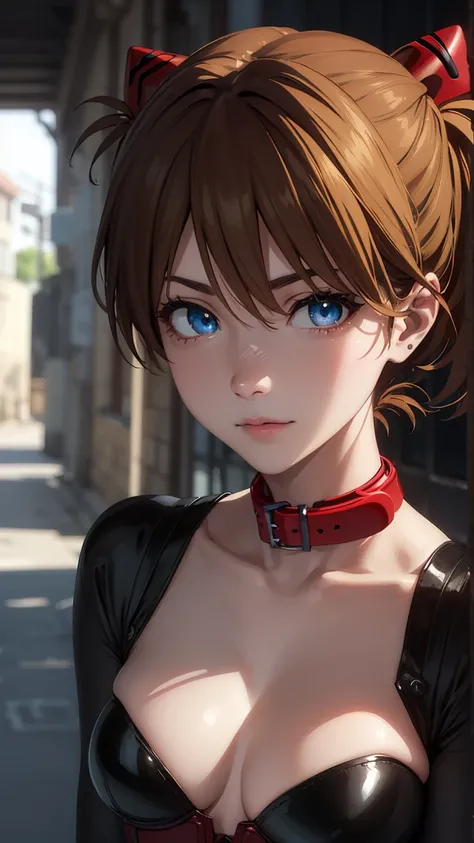 Sugar, asuka langley soryu, (Suryu Asuka Langley:1.2), short hair, green eyes, Red hair, hair ornament,
break (cute face, bdsm,edge,Rubber,Black corset,bond,Collar,nsfv:1.2),
break Dystopian City Alley Contempt，frowning、Modest breasts,
break (masterpiece:1...