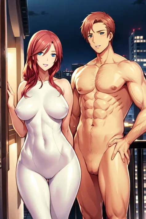 blond haired man, tan skinned man, (slim woman:1.7), naked, standing, Red hair, 2 people, smiling, night time, balcony 