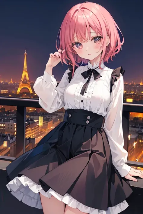 Madoka Ayukawa, Femme aux cheveux noir long en chemise à col orange pose pour une séance photo en ville devant la tour Eiffel (Paris), Bokeh allemand d&#39;art 8K, corps bien proportionné, belle femme japonaise, Colliers magnifiques, belle jeune femme japo...