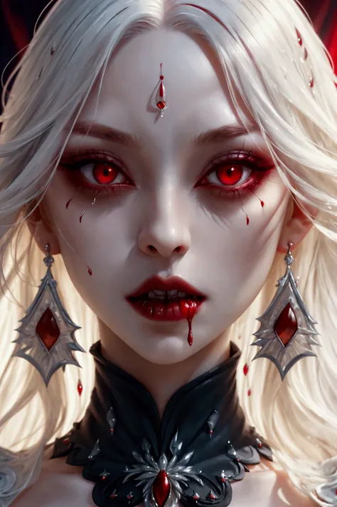 a portrait of vampire with a bloody tear coming down from he eye, an exotic beautiful female vampire, blond hair color, dynamic ...