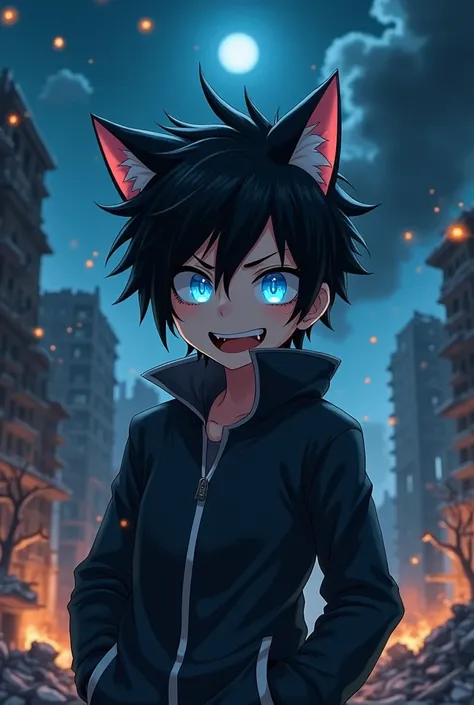 1  anime boy, spiky black hair, blue eyes, no pupils, black cat ears, manic smile, a dark war zone in the background