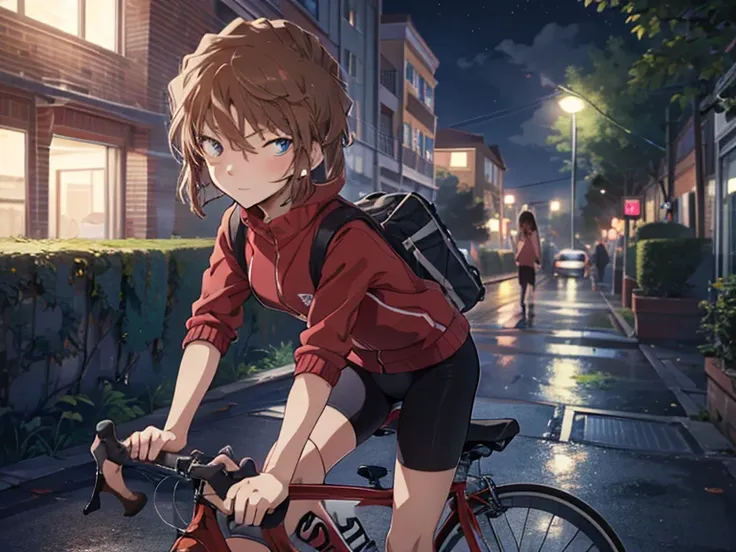 (riding a bicycle:1.3), background is a park at night, cute, beauty, short hair, haibara ai, brown hair, highest quality, 1girl,...