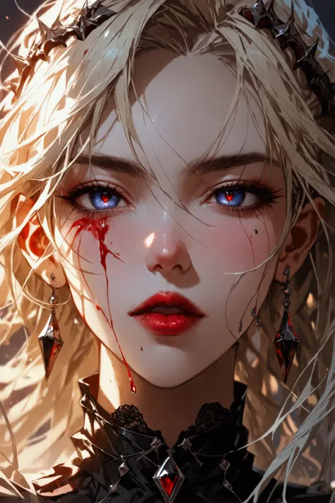 a portrait of vampire with a bloody tear coming down from he eye, an exotic beautiful female vampire, blond hair color, dynamic hair style, ultra detailed face, best detailed face, silver eye color, ((1single red teardrop: 1.3)), ((tear drop made from bloo...